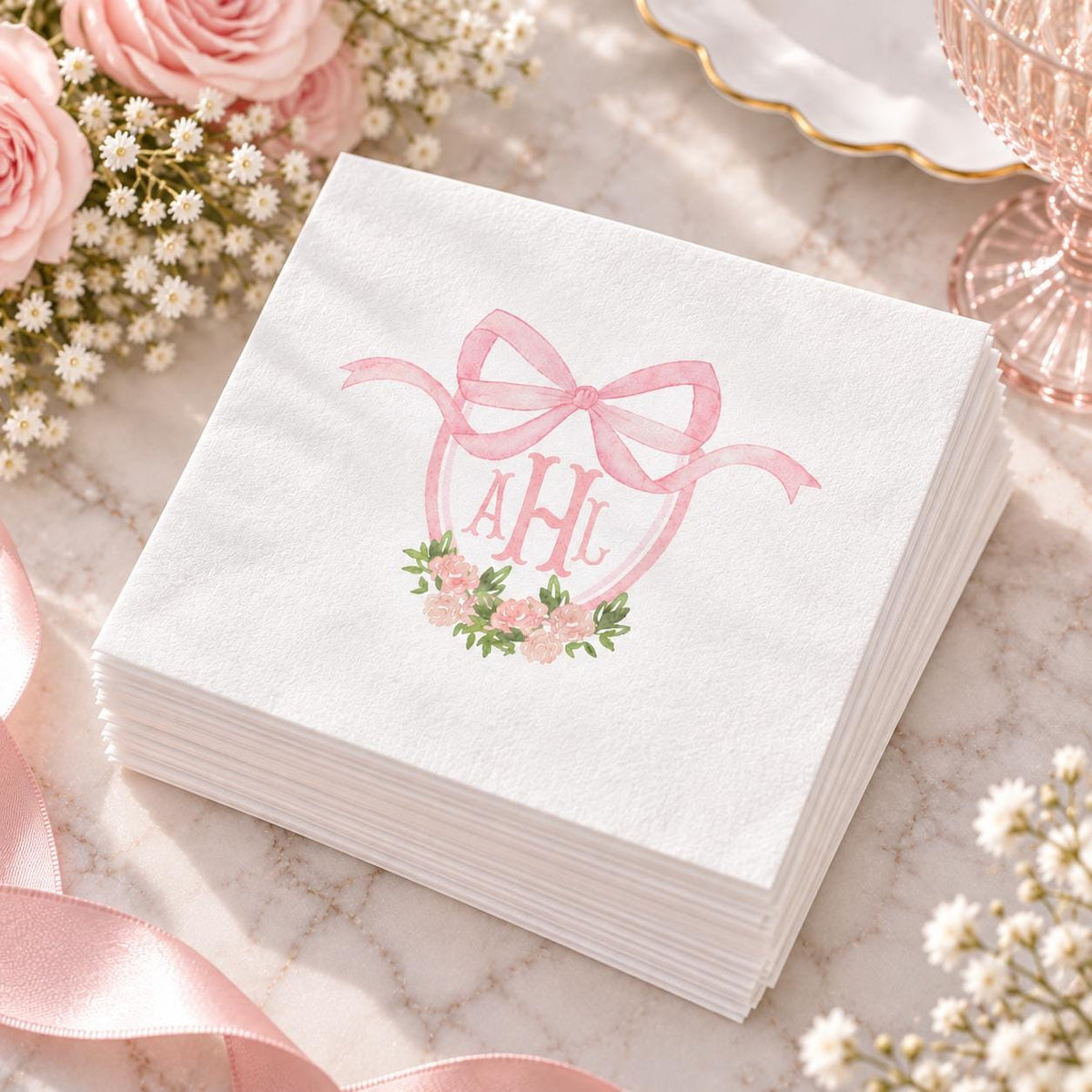 Pink Bow Monogram Napkins: Custom Baby Shower, Birthday Party
