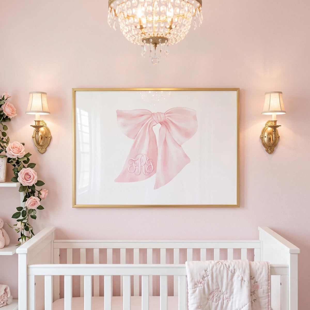 Pink Bow Monogram Wall Art: Nursery Decor Print - image 1
