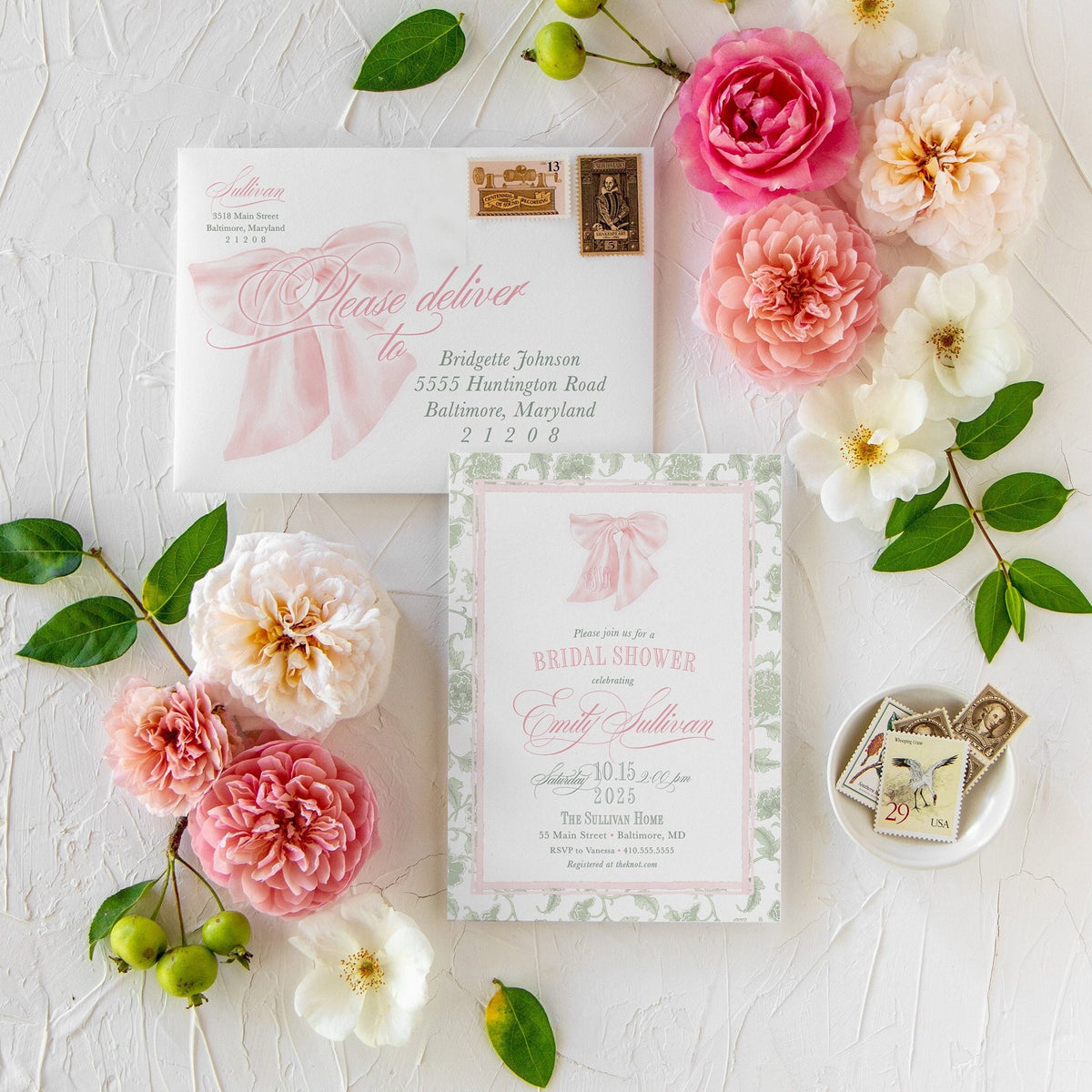 Pink bow toile printed bridesmaids luncheon invitations
