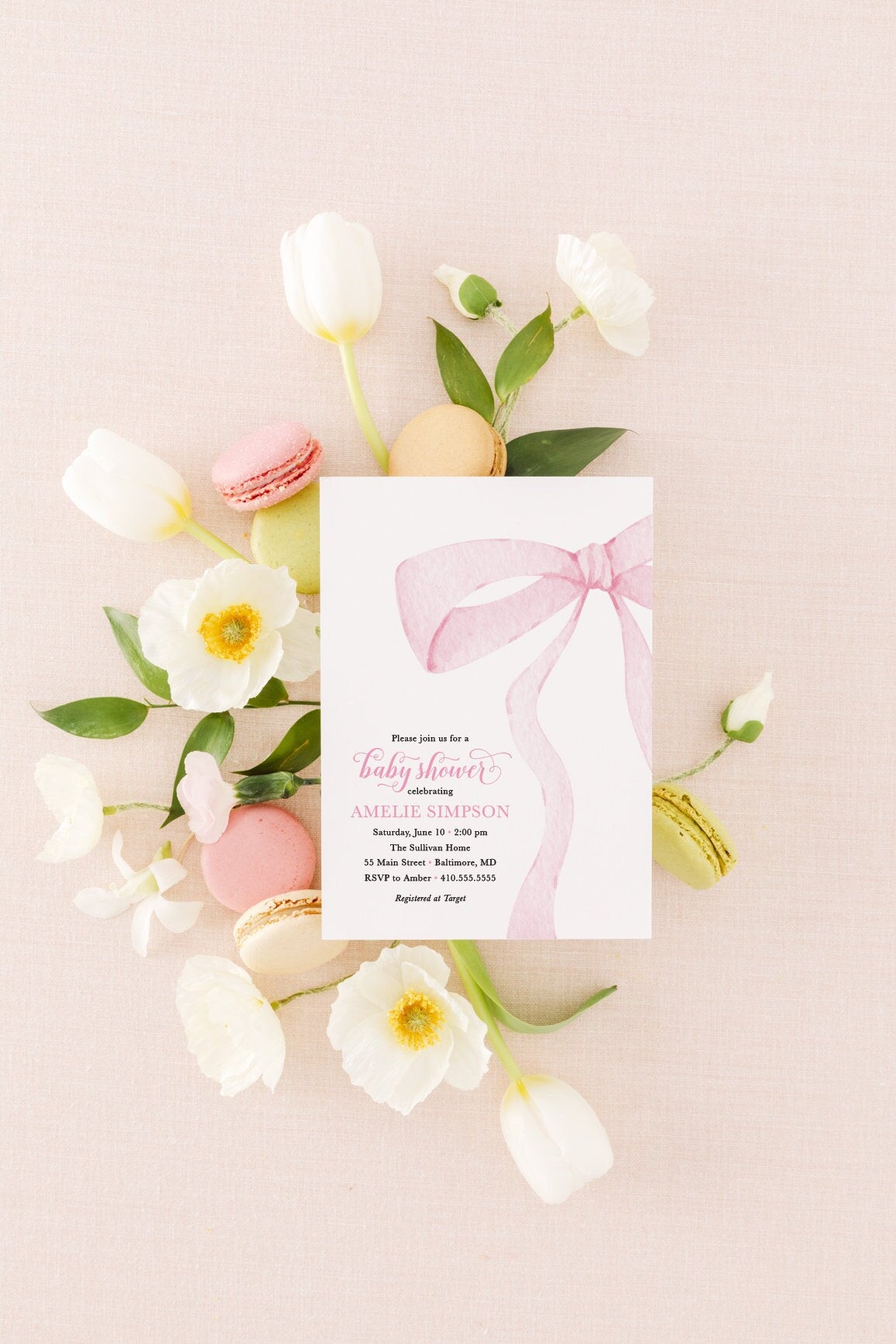 Pink bow watercolor girl birthday and baby shower printed invitations