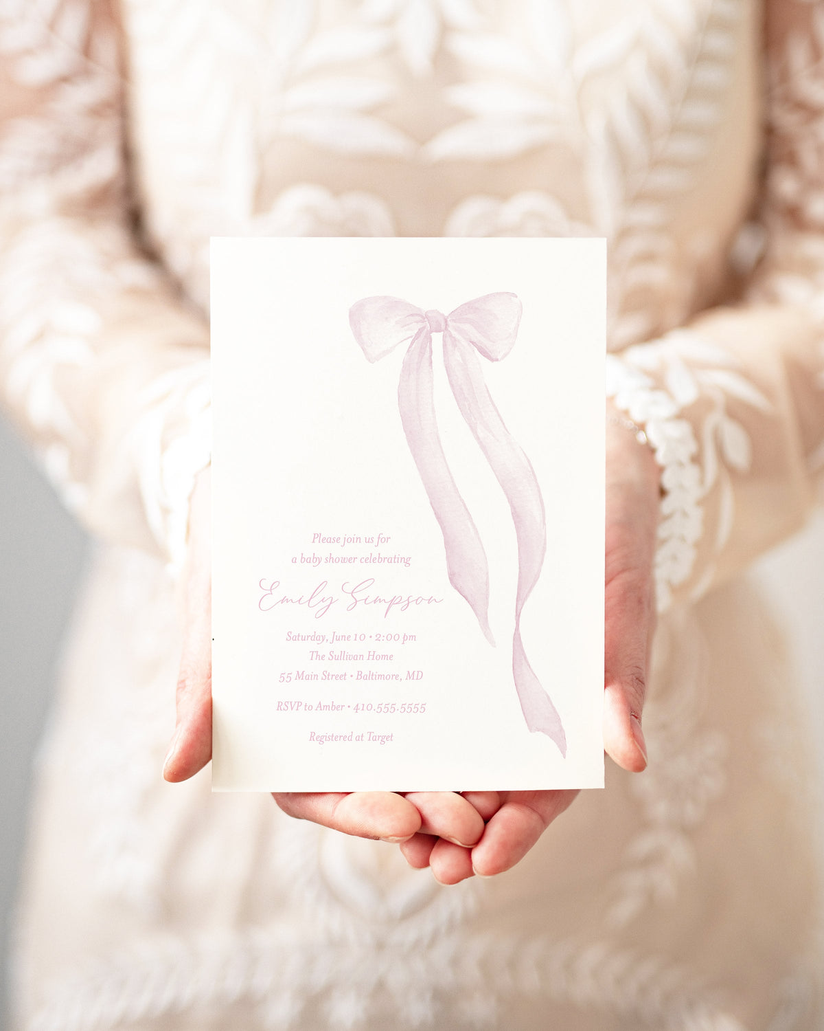 Pink bow watercolor heirloom digital baby shower invitation