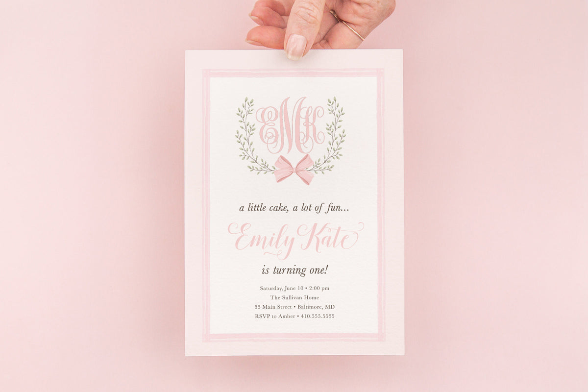 Pink Bow Watercolor Monogram First Birthday Invitation printed children's birthday invitation