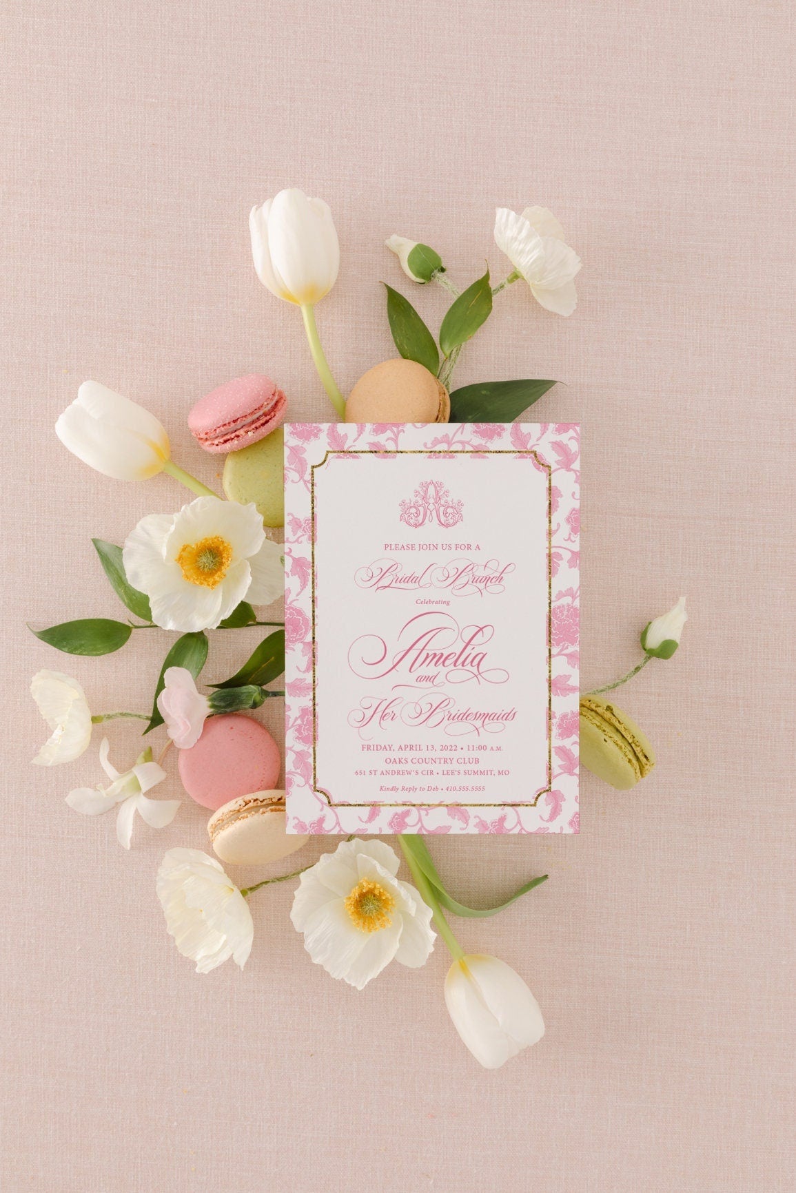 Pink chinoiserie printed bridal brunch invitations