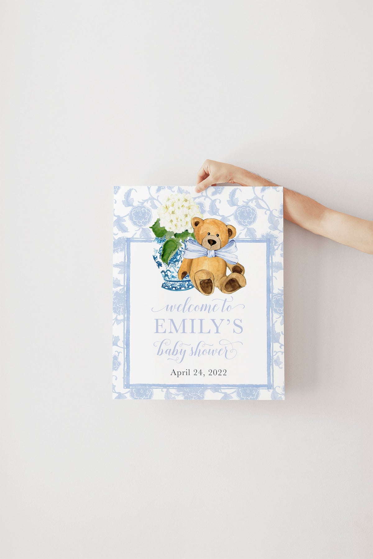 Pink Chinoiserie Teddy Bear Baby Shower Welcome Sign