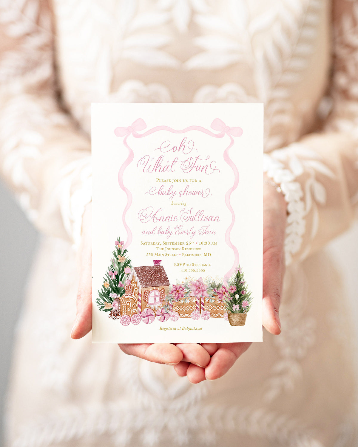 Pink Christmas Baby Shower Invitations - Winter Baby Sprinkle - Gingerbread Invitations - Sip and See - Baby Girl - Baby Blessing Printed printed invitation