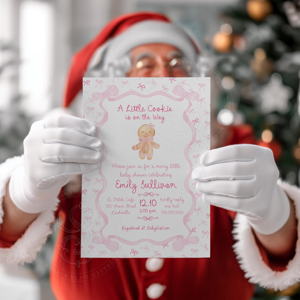 Pink Christmas gingerbread printed baby shower invitation