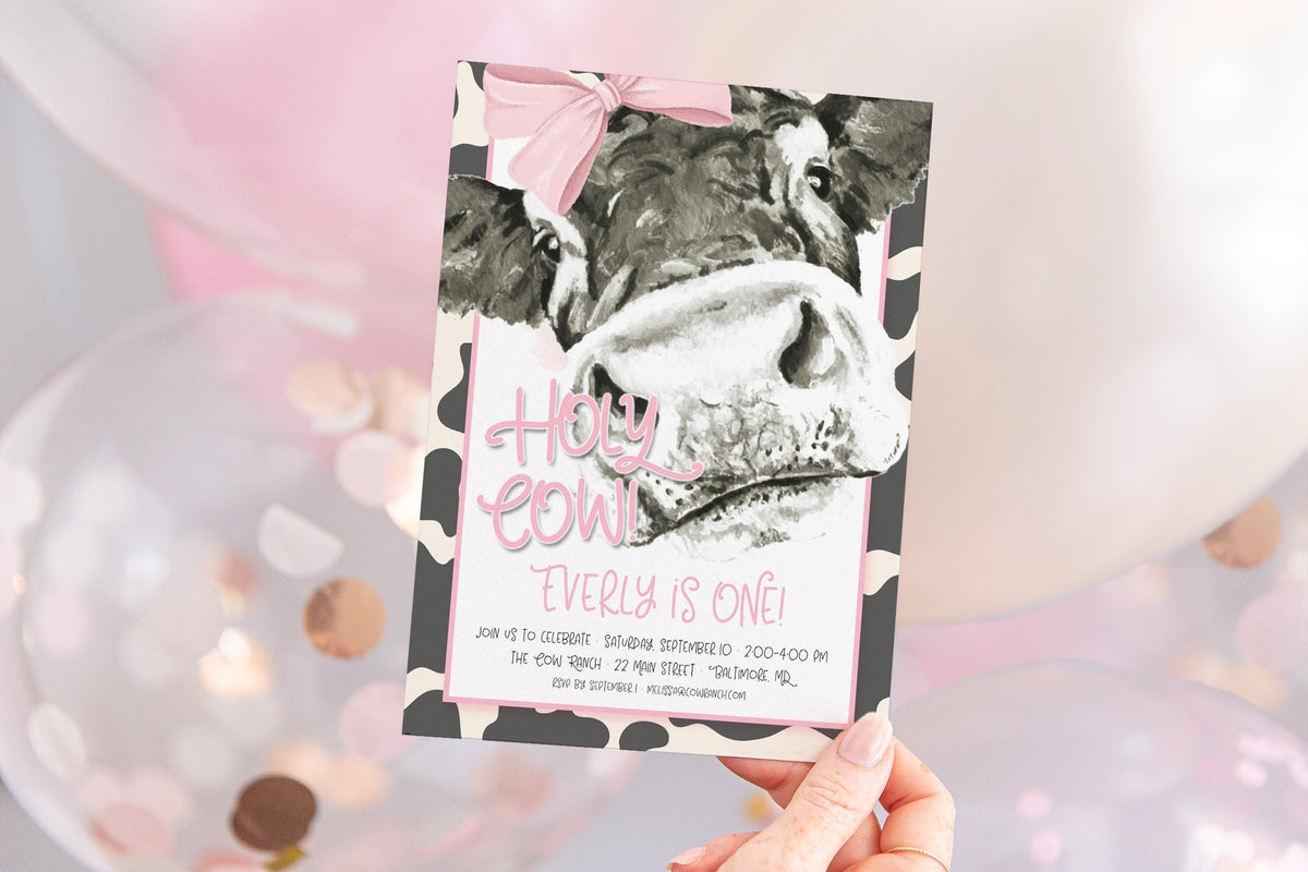 Pink Cow Girl Farm Birthday Invitation printed children's birthday invitation
