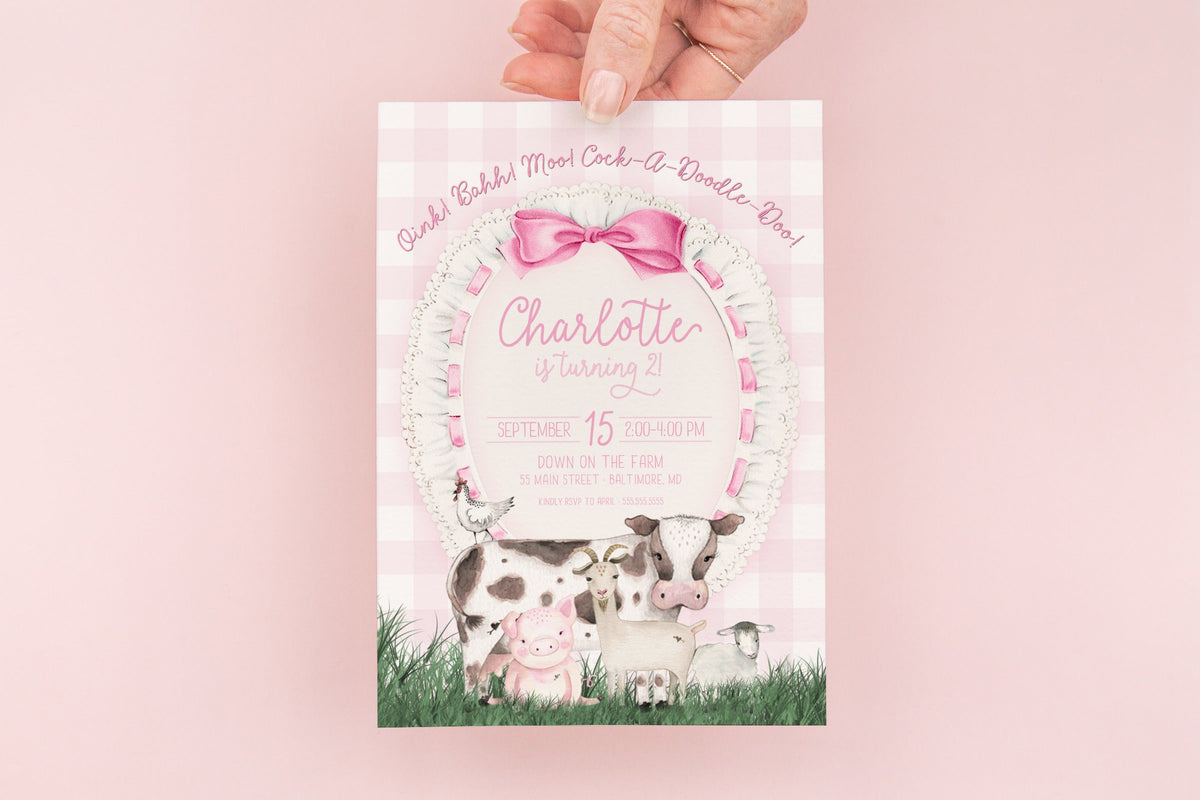 Pink Farm Barnyard Gingham Birthday Invitation printed children's birthday invitation