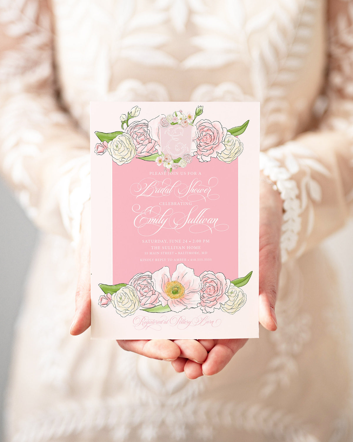Pink floral monogram crest digital bridal shower invitation