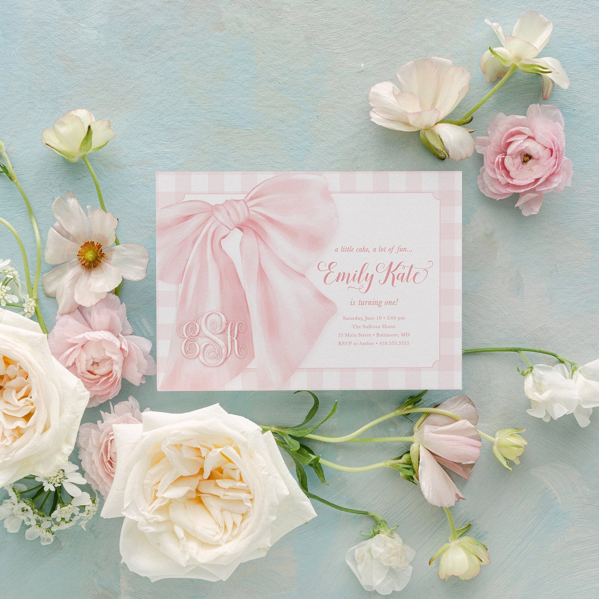 Pink Gingham Bow Monogram First Birthday Invitation printed children's birthday invitation