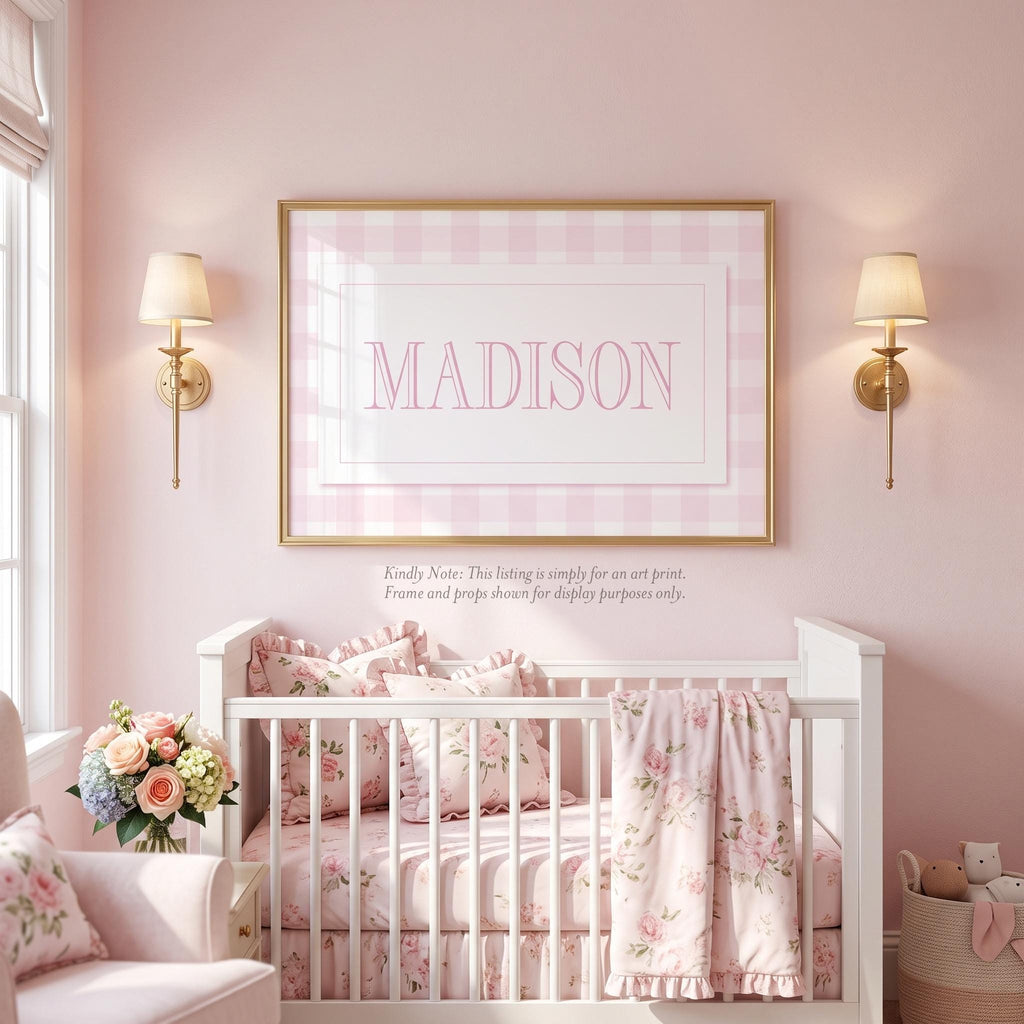 Pink Gingham Girl Name Print: Custom Monogram Nursery Art - image 1