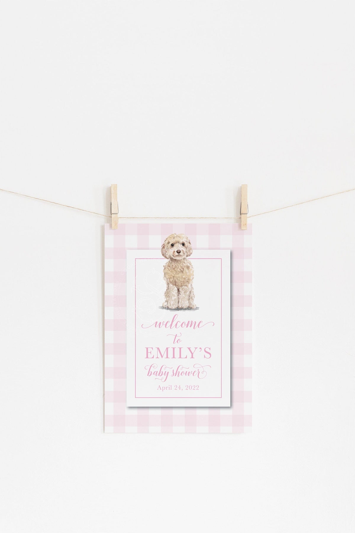 Pink Gingham Golden Doodle Baby Shower Welcome Sign