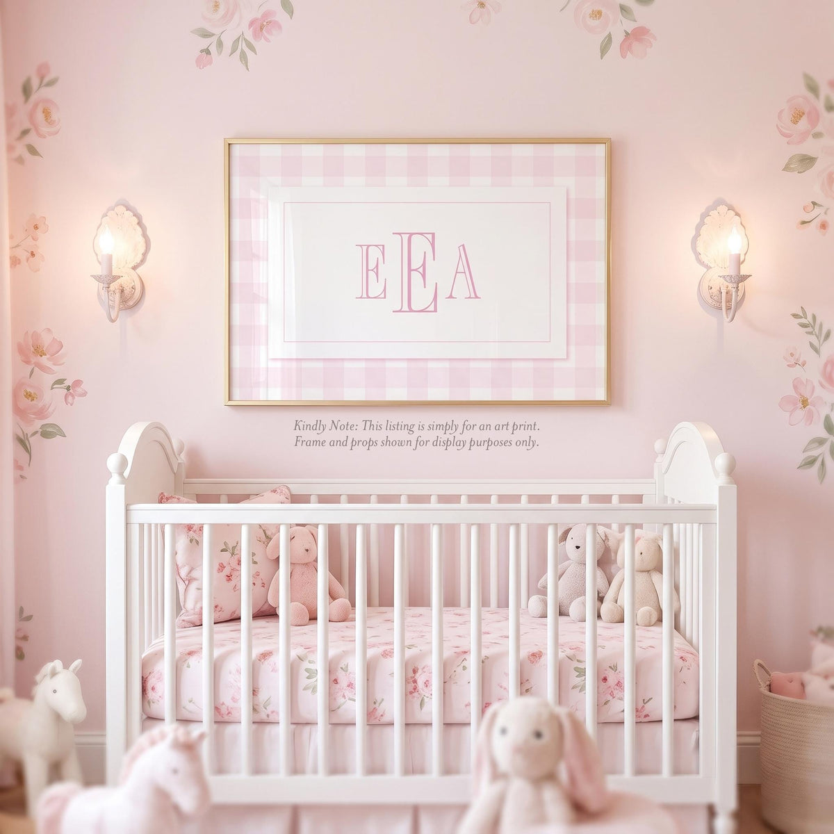 Pink Gingham Monogram Print: Girl Nursery Wall Art - image 1