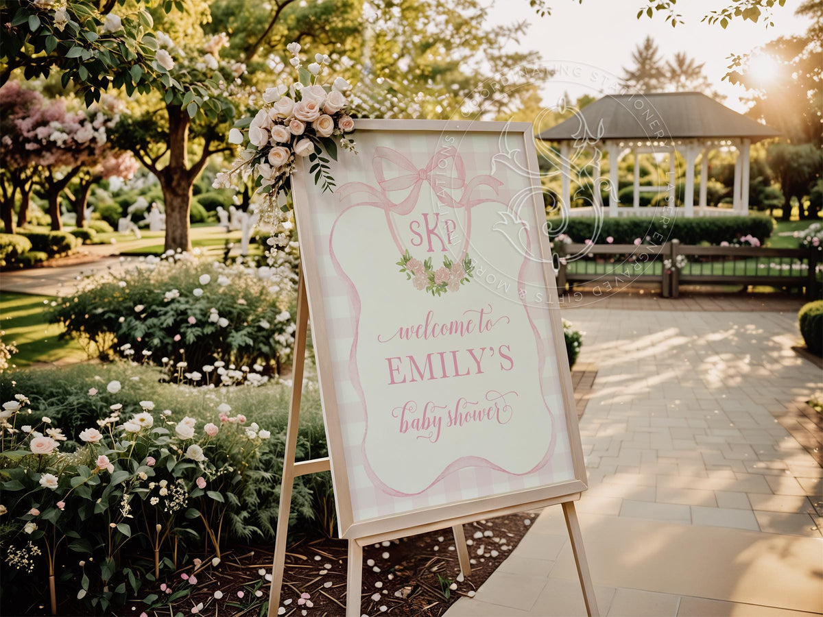 Pink Gingham Monogram Baby Shower Welcome Sign 5