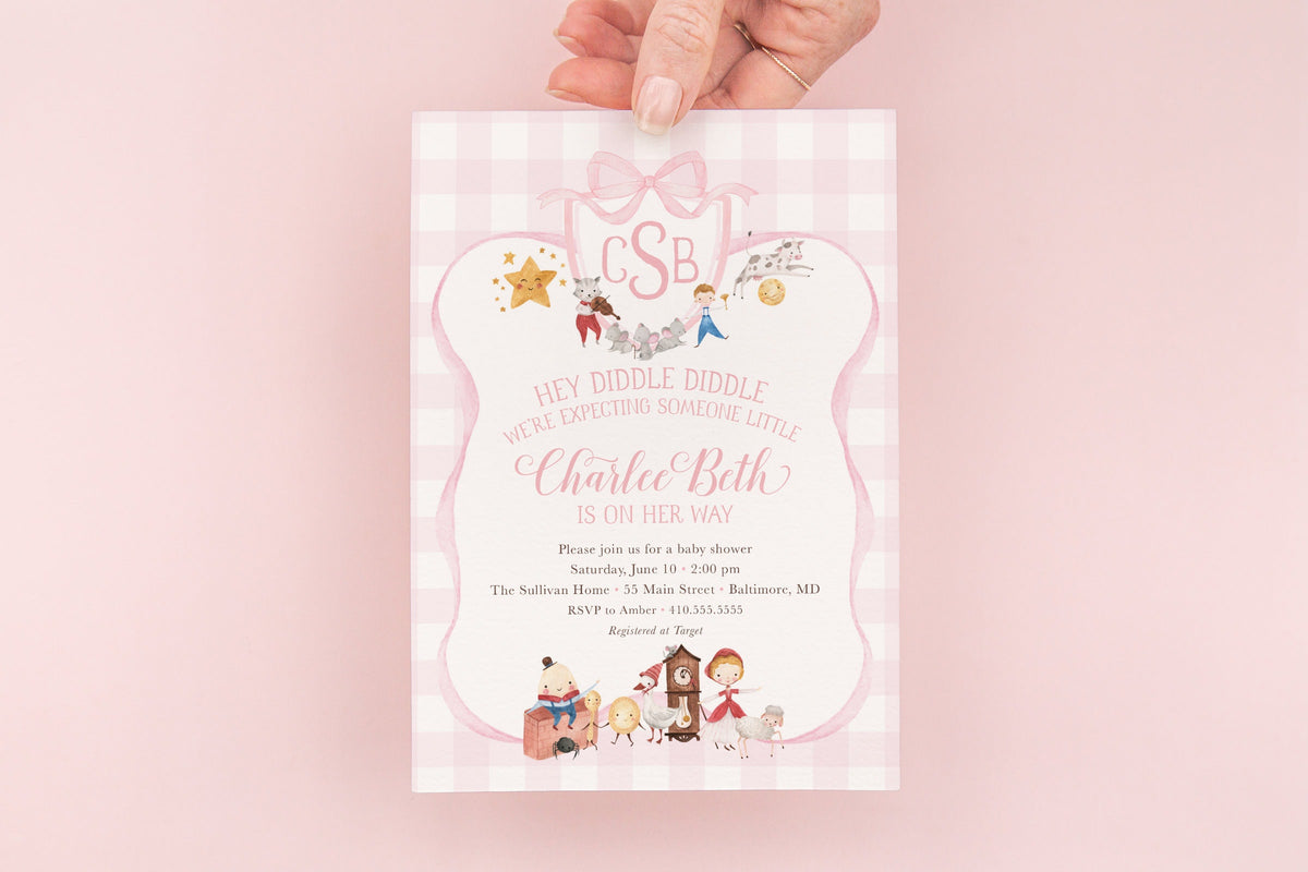 Pink Gingham Nursery Rhyme Baby Shower Invitations | Digital File