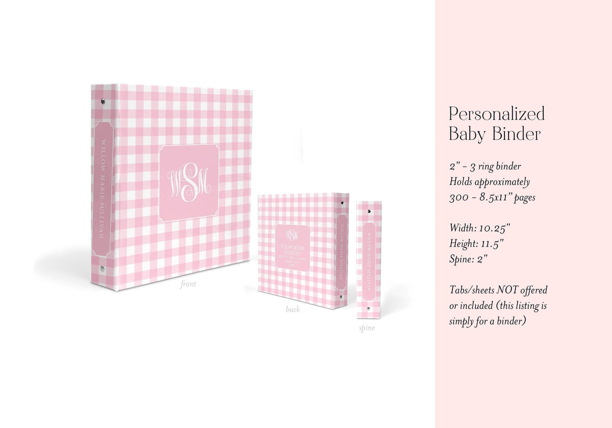 Pink gingham personalized baby memory book binder