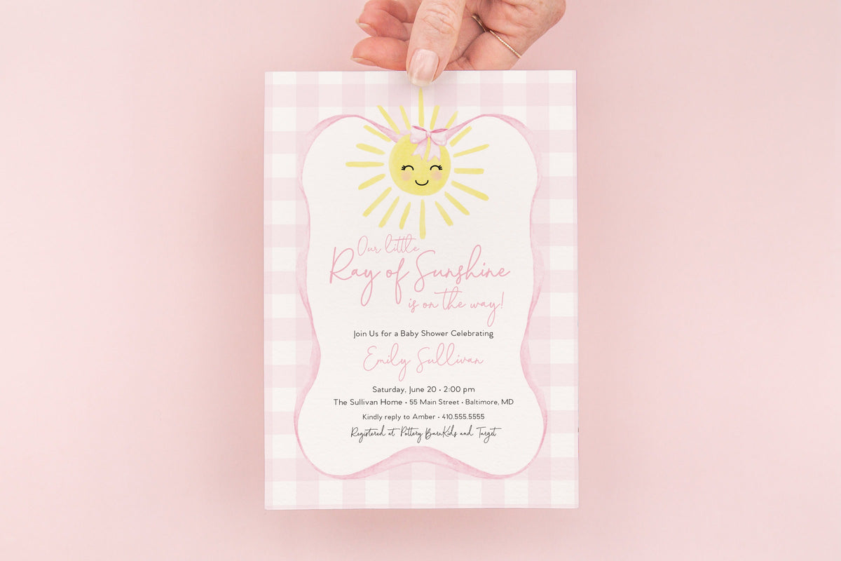 Pink Gingham Sunshine Baby Shower Invitation printed invitation