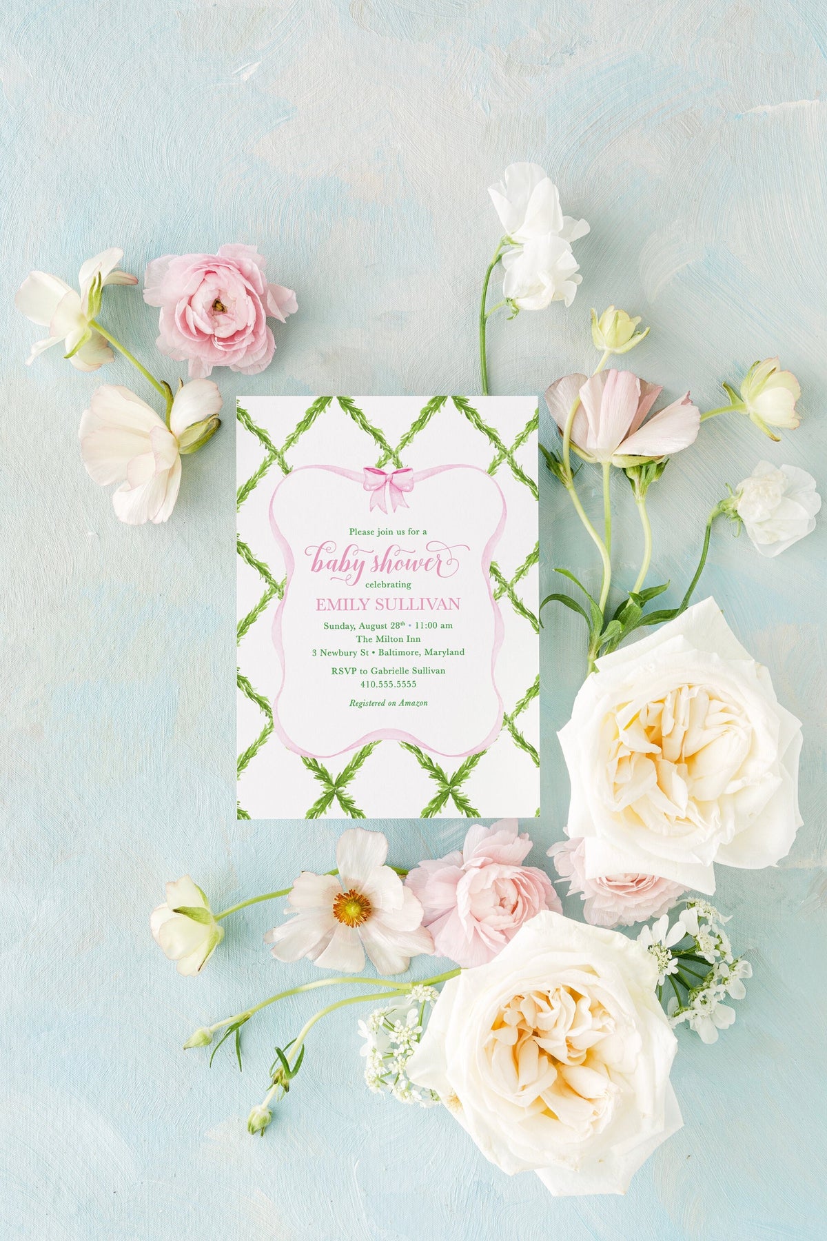Pink and green bow watercolor trellis digital baby shower invitation