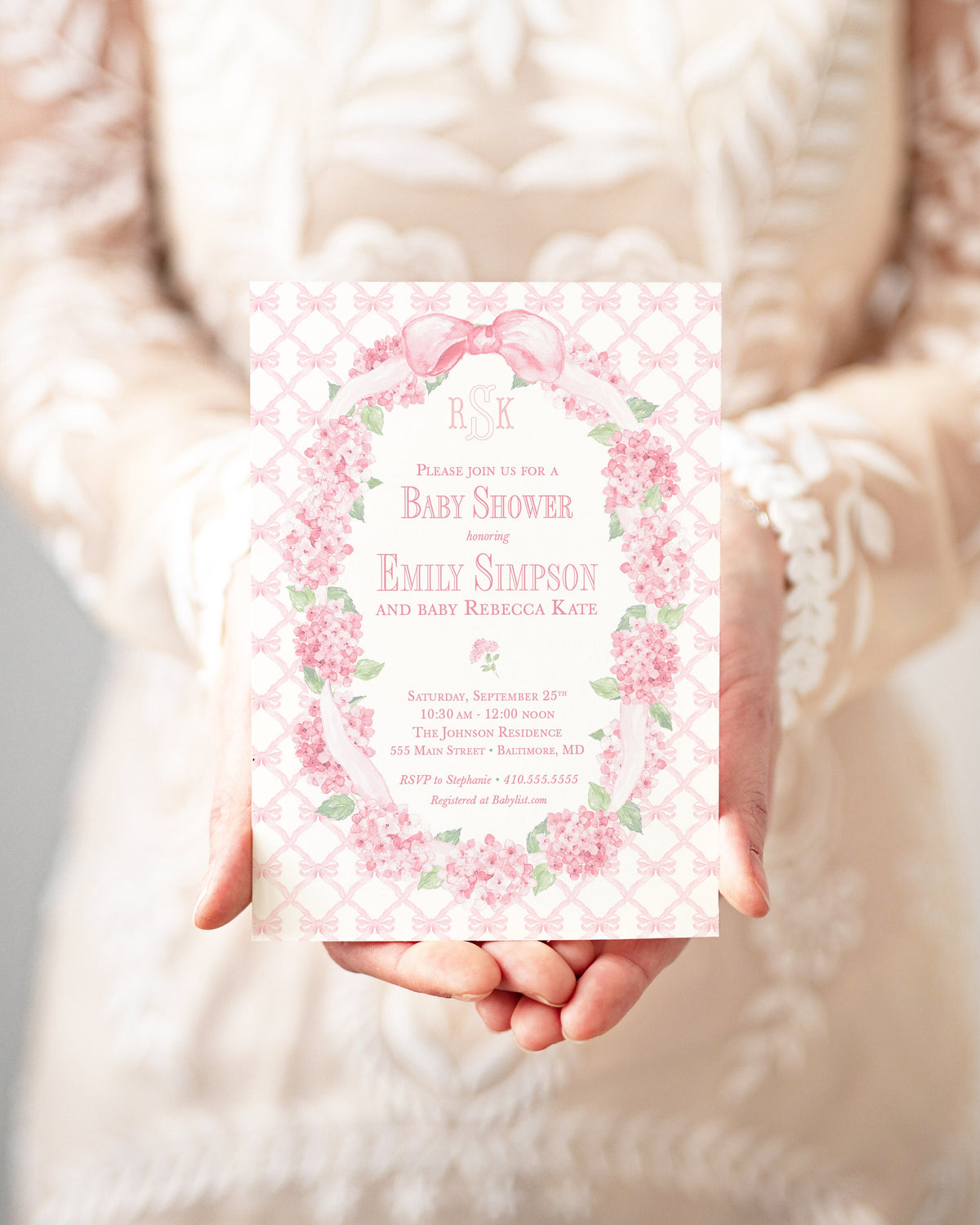 Pink Hydrangea Baby Shower Invitation: Bow Frame, Grandmillennial Sprinkle printed invitation