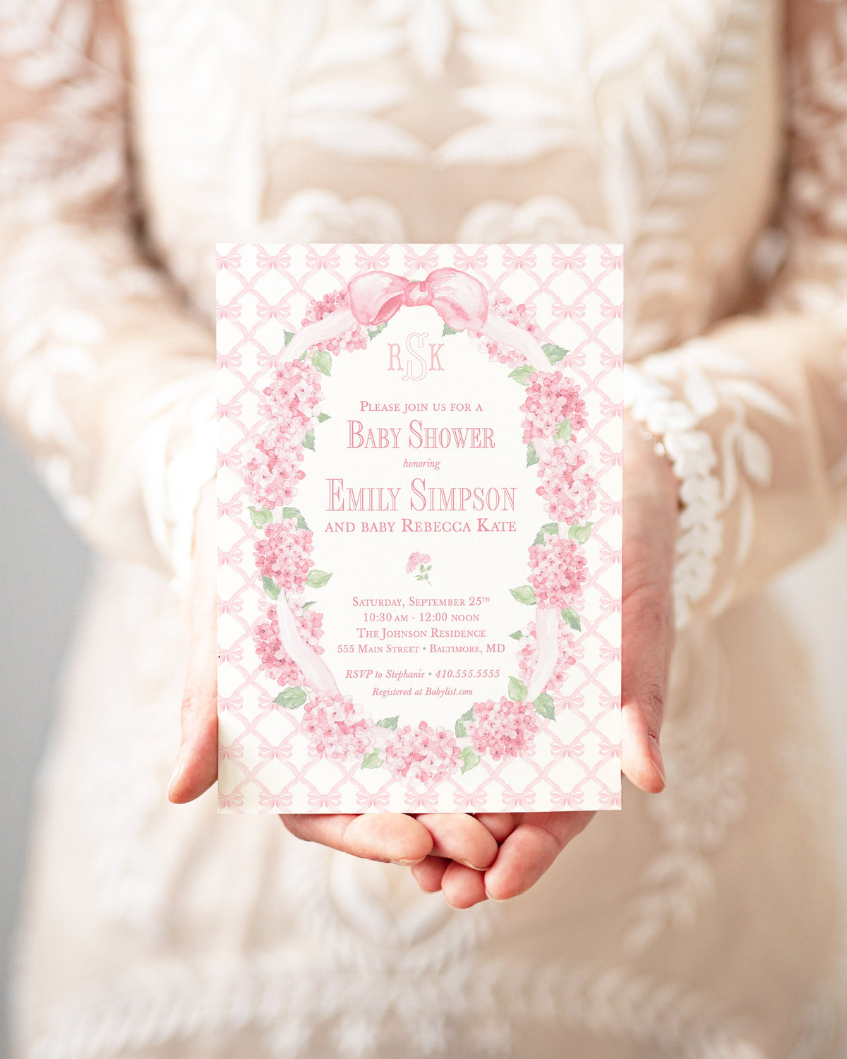 Pink Hydrangea Baby Shower Invitations: Bow Wreath | Digital File