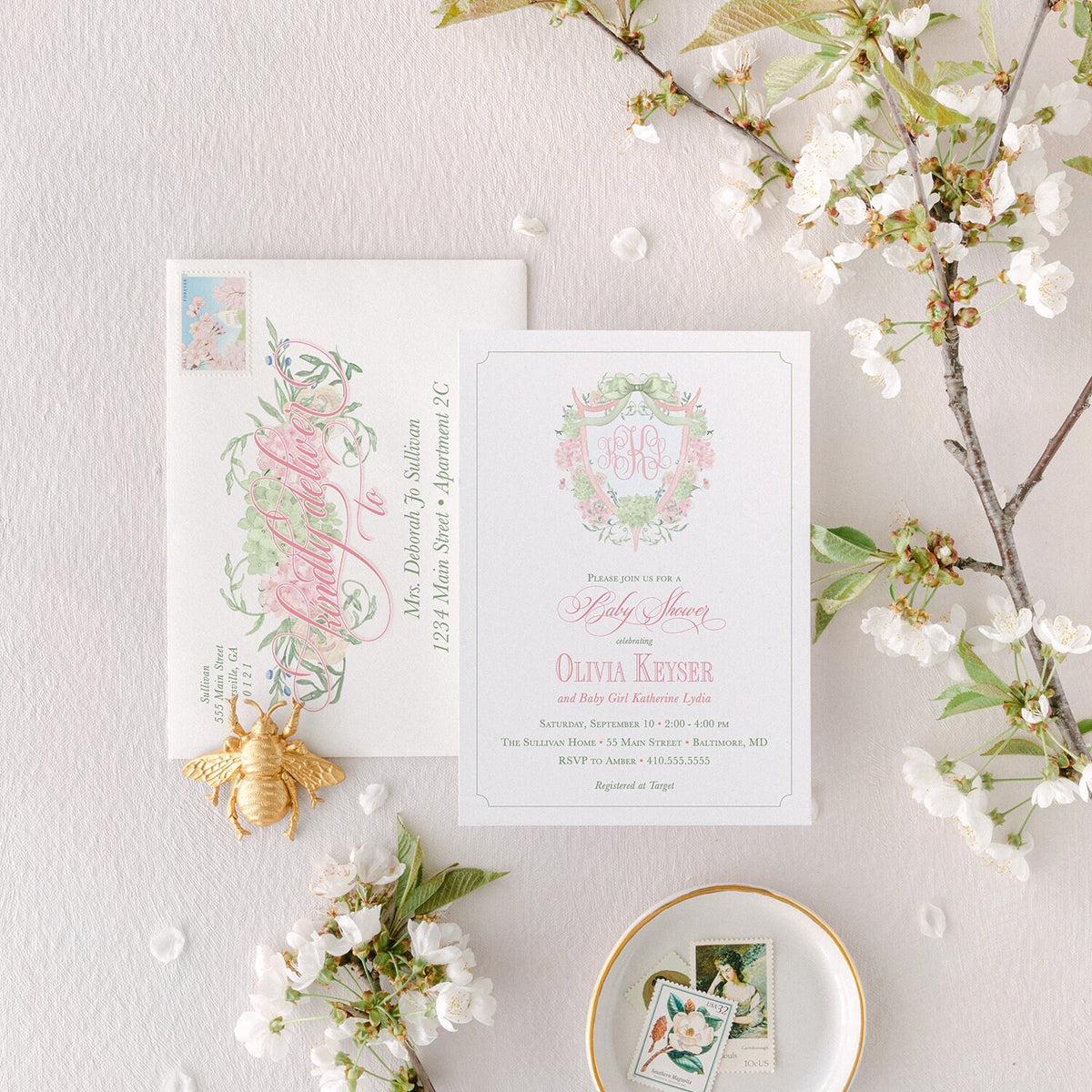 Pink Hydrangea Baby Shower Invitations: Grandmillennial Monogram printed invitation
