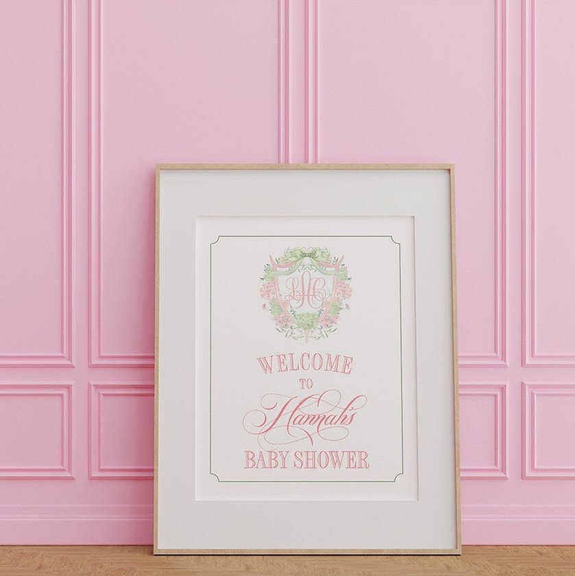Pink Hydrangea Monogram Baby Shower Welcome Sign