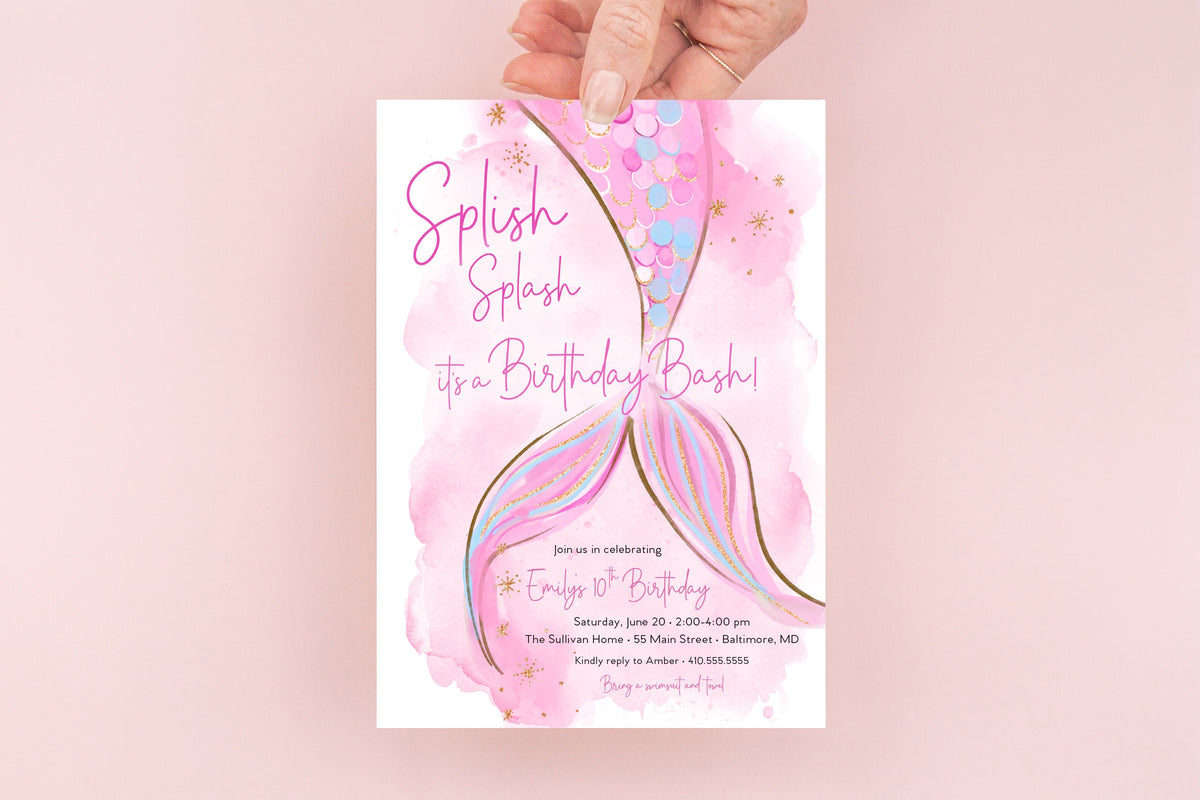Pink Mermaid Tail Birthday Invitation printed children's birthday invitation