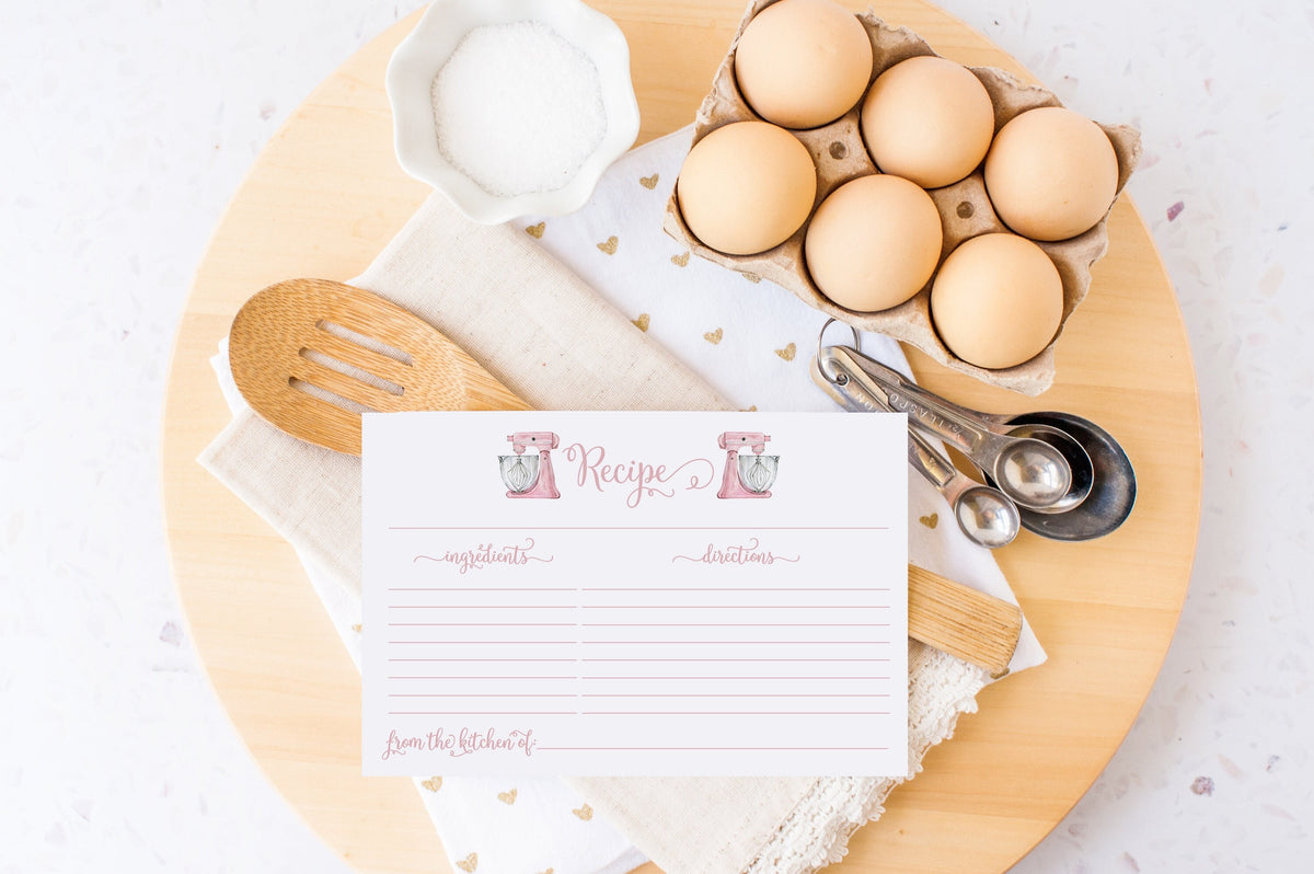 Pink mixer printed bridal shower recipe cards