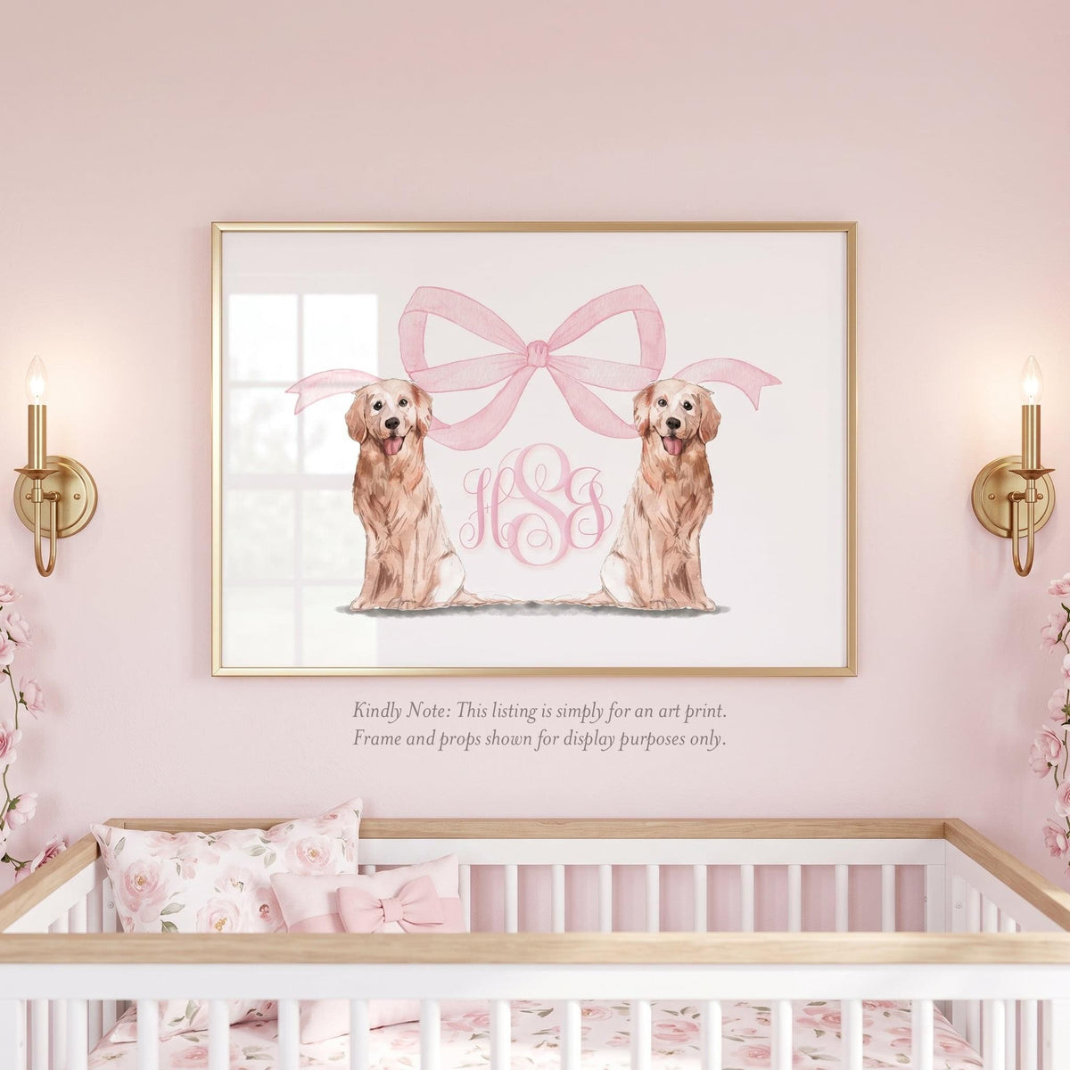 Pink Monogram Crest: Golden Retriever Nursery Art Print - image 1