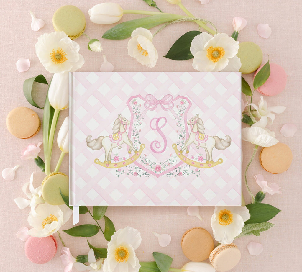 Pink Monogram Crest Rocking Horse Baby Shower Guest Book - image 2