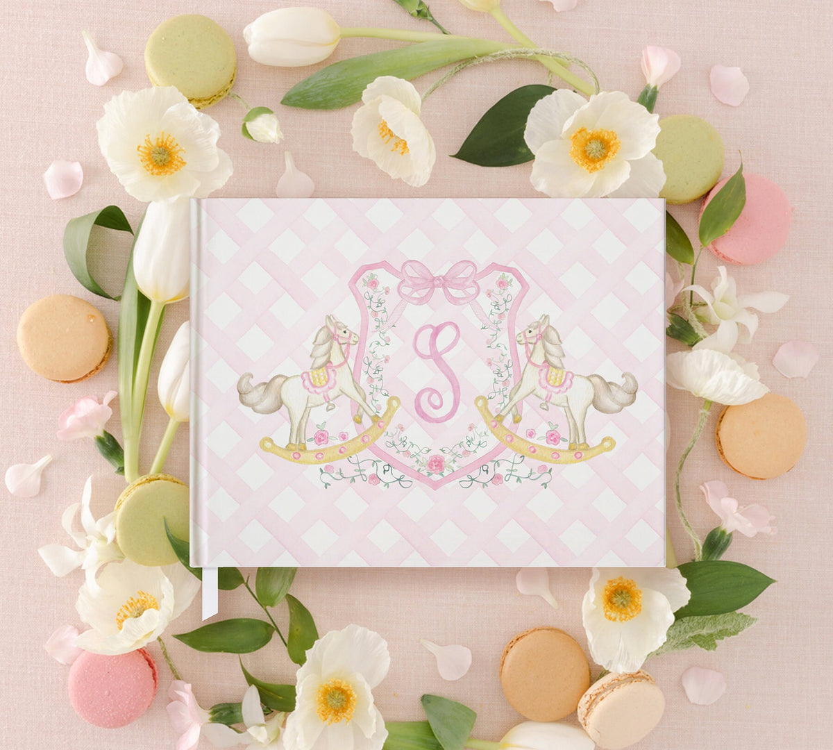Pink Monogram Crest Rocking Horse Baby Shower Guest Book - image 2