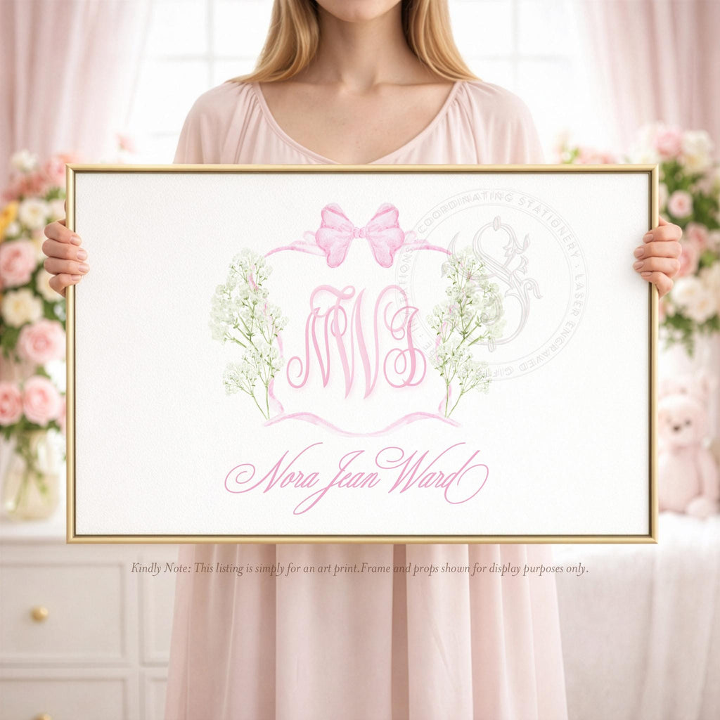 Pink Monogram Floral Crest: Elegant Nursery Wall Art for Baby Girls - Grandmillennial Print - image 1