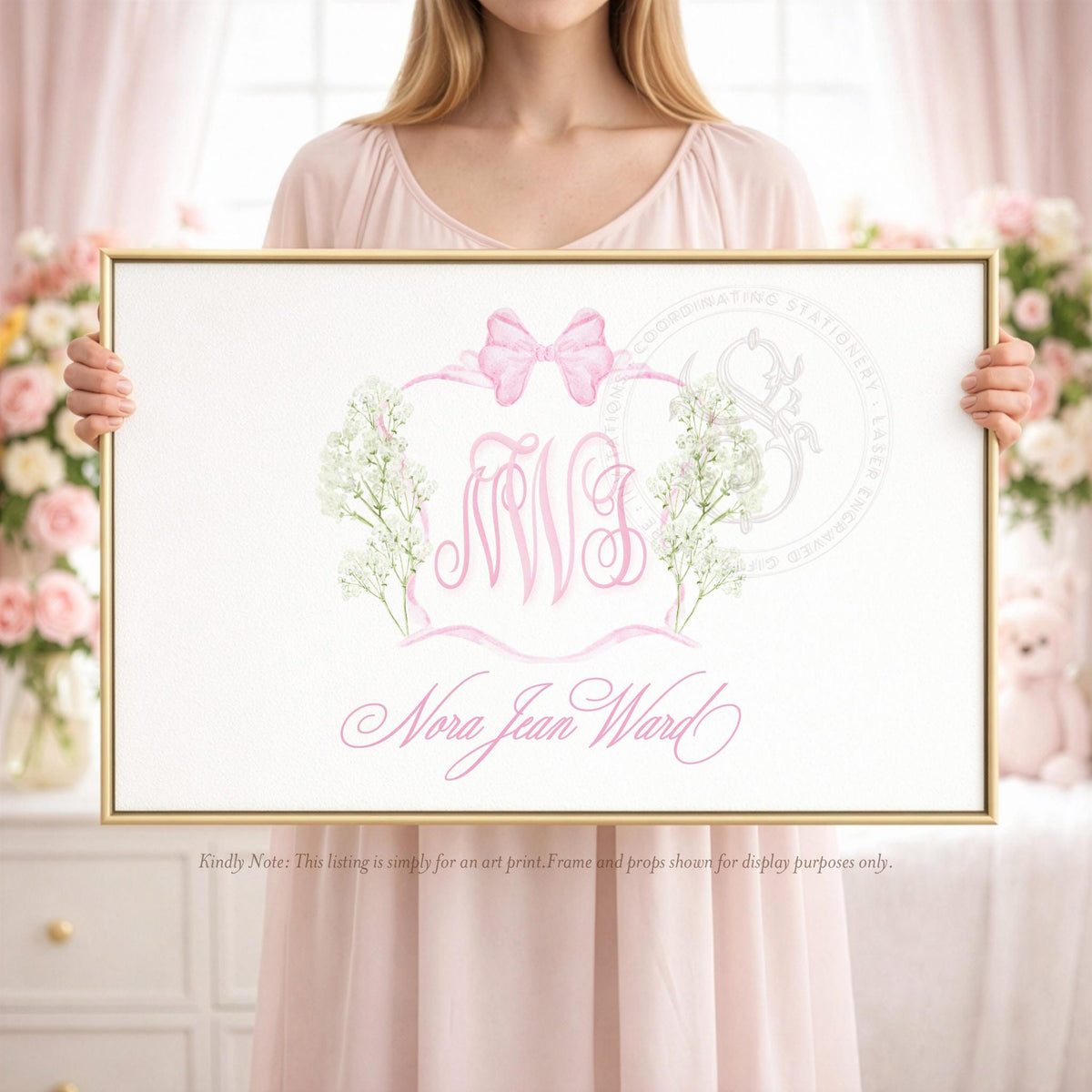 Pink Monogram Floral Crest: Elegant Nursery Wall Art for Baby Girls - Grandmillennial Print - image 1