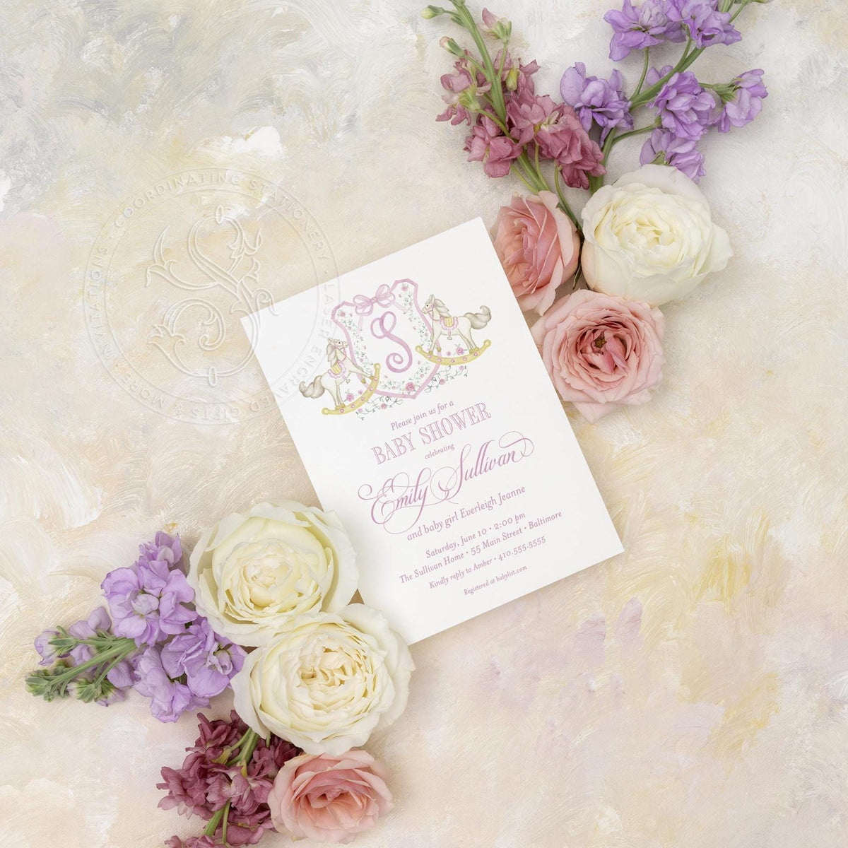 Pink rocking horse monogram digital baby shower invitation