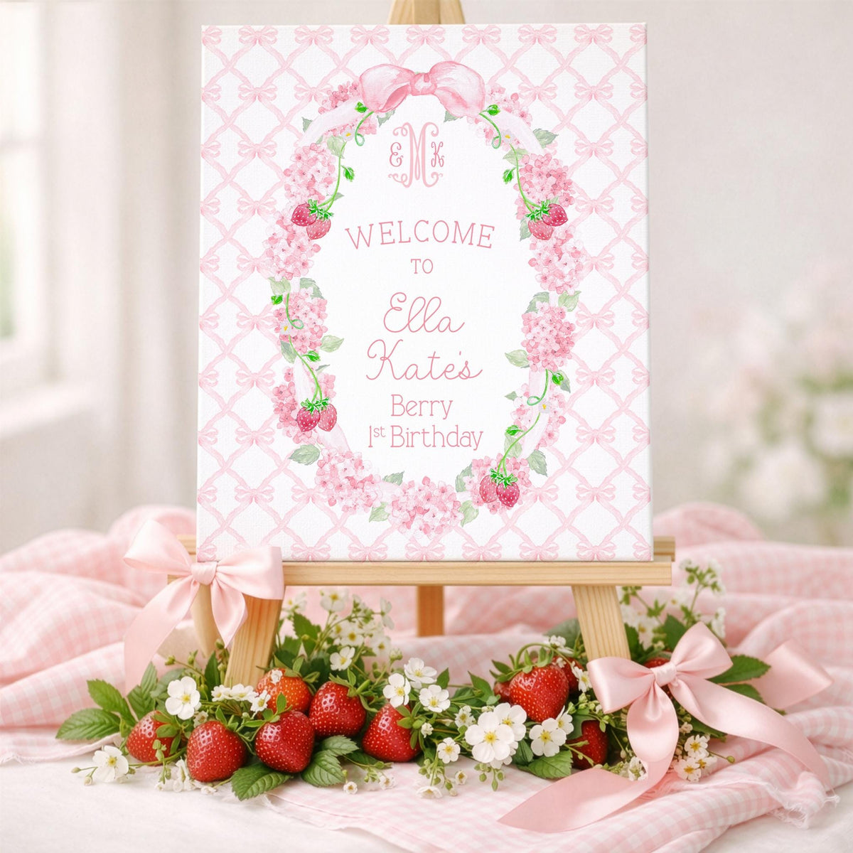 Pink Strawberry First Birthday Welcome Sign