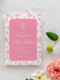 Pink toile chinoiserie printed bridal shower invitations