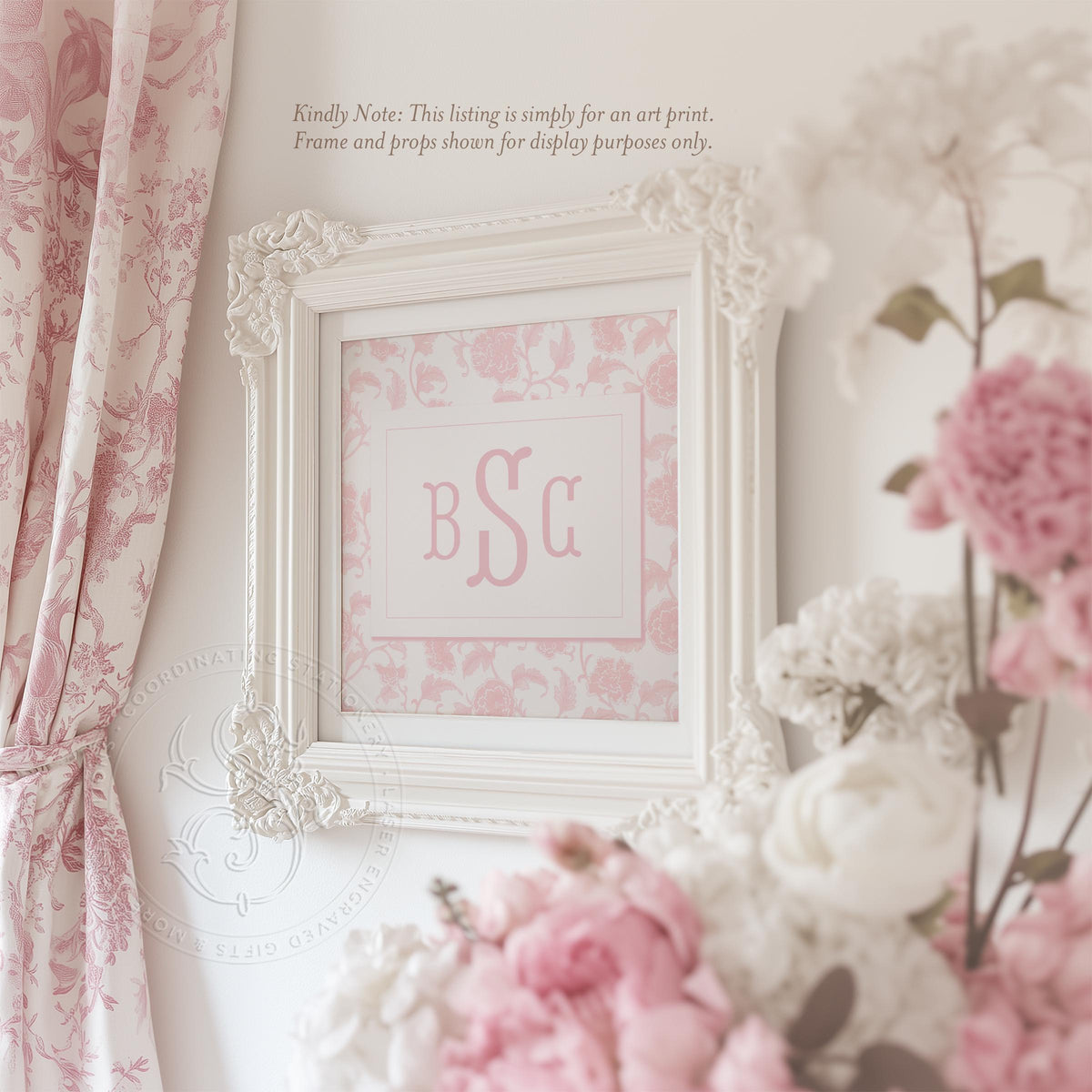 Pink Toile Monogram Nursery Print: Chinoiserie Girl Room Decor - image 1