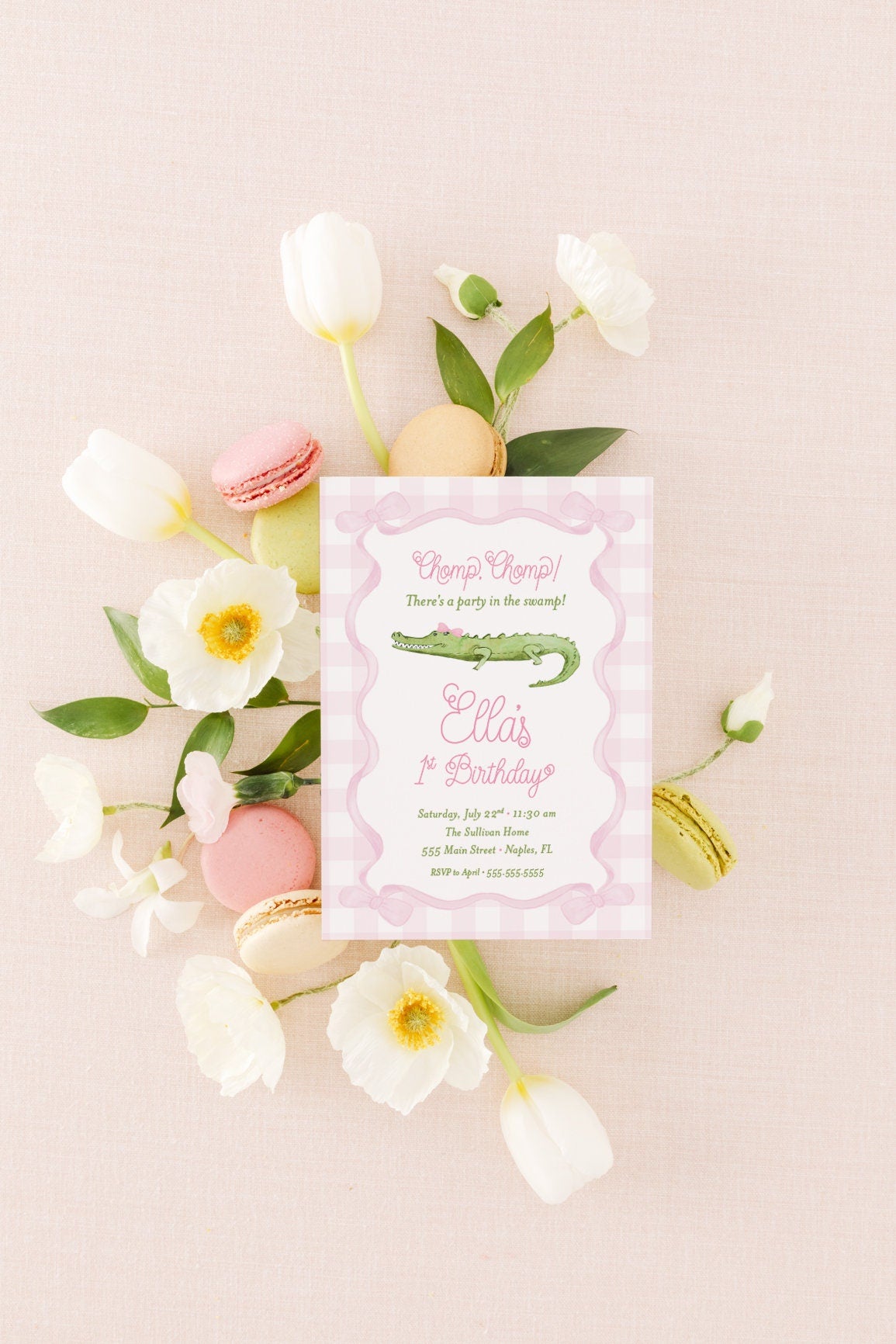 Pink Watercolor Alligator Girl Birthday Invitation printed children's birthday invitation