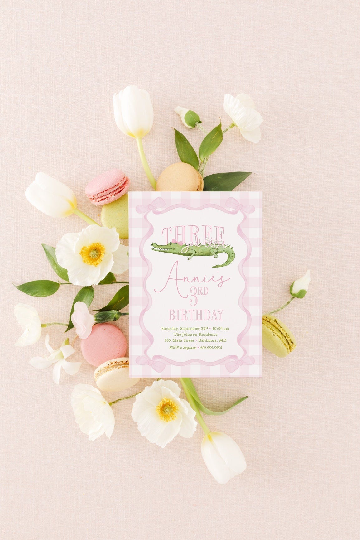 Pink Watercolor Alligator Girl 3rd Birthday Invitation printed children's birthday invitation