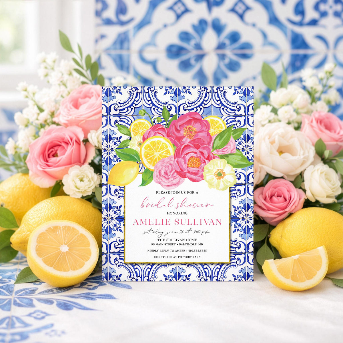 Positano lemon Italian tile printed bridal shower invitations