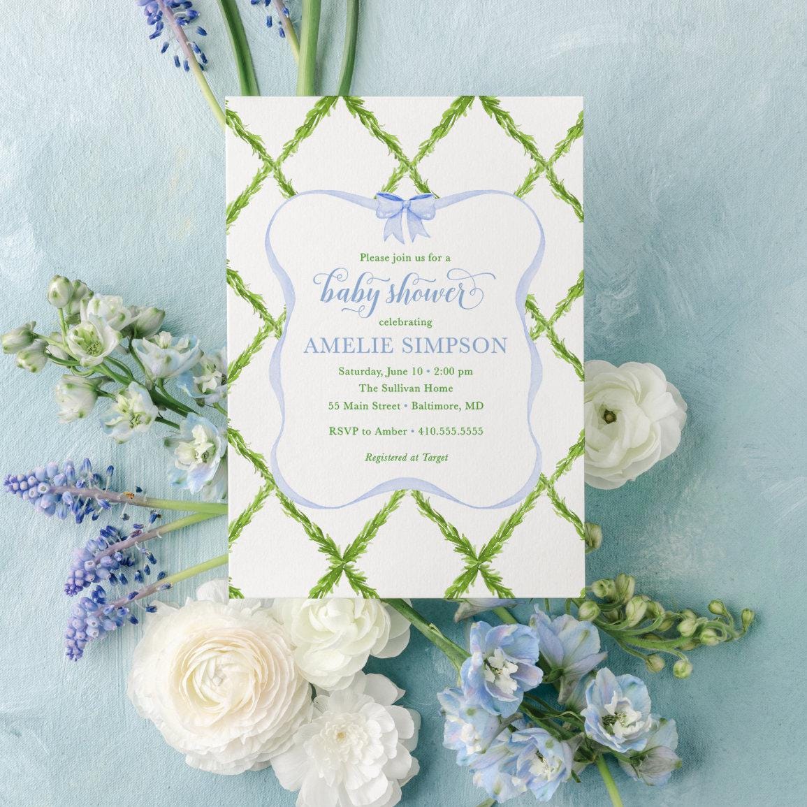 Preppy Blue and Green Trellis Bow Baby Boy Shower Invitation Printable | Digital File