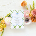 Preppy Blue and Green Trellis Bow Baby Shower Invitation printed invitation