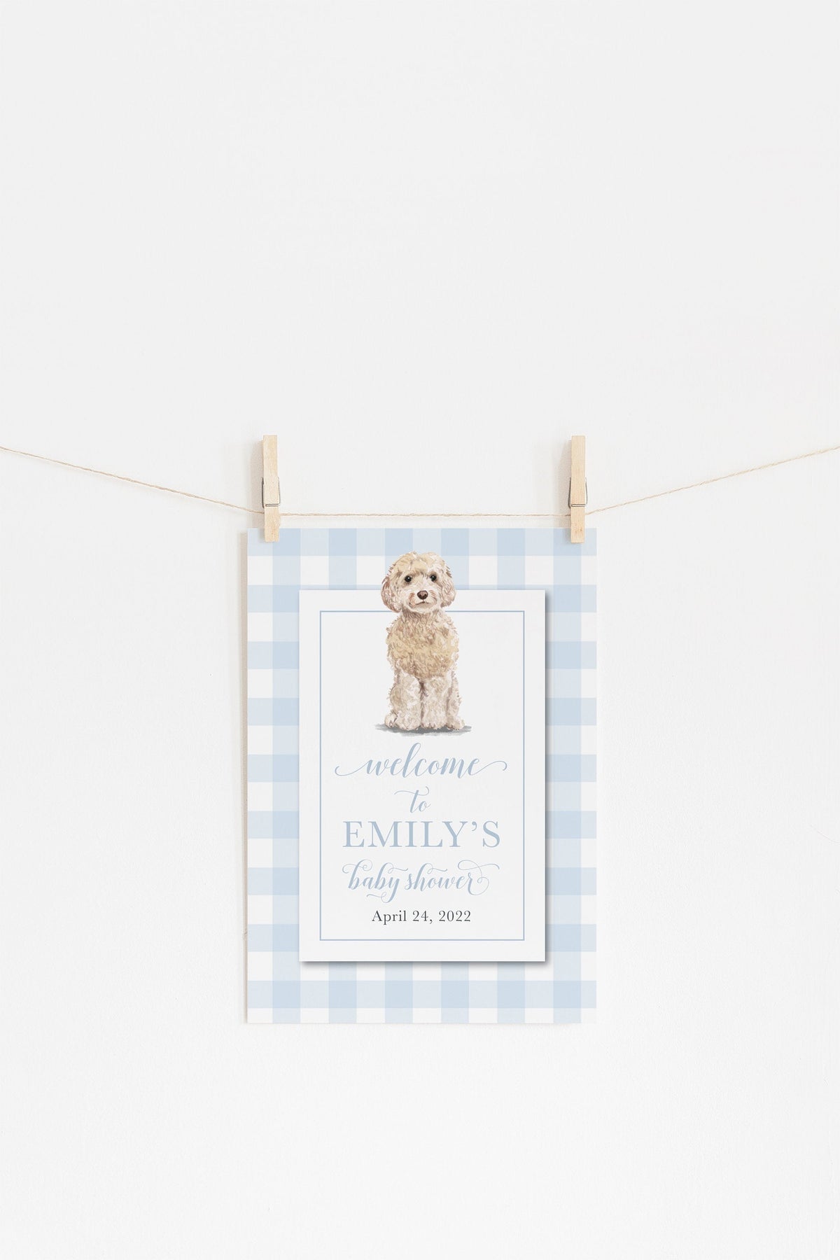 Preppy Blue Gingham Golden Doodle Baby Shower Welcome Sign