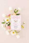 Preppy Pink Monogram Watercolor Crest Baby Shower Invitations with Gingham Bow for Girls printed invitation
