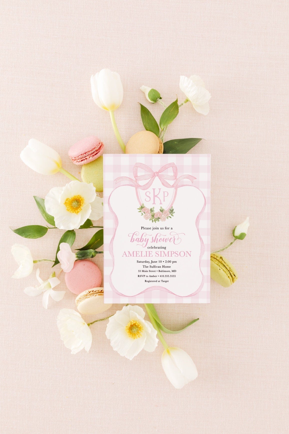 Preppy Pink Monogram Watercolor Crest Baby Shower Invitations with Gingham Bow for Girls printed invitation