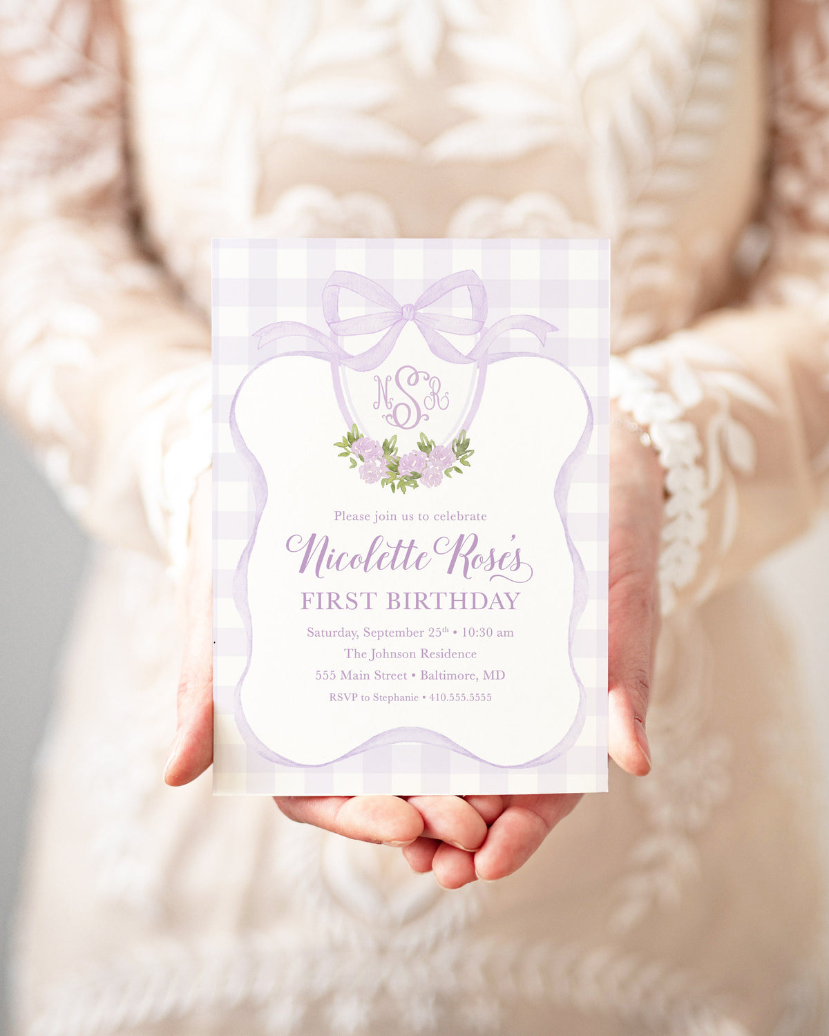 Purple Watercolor Crest First Birthday Invitations: Monogrammed Baby Shower printed invitation