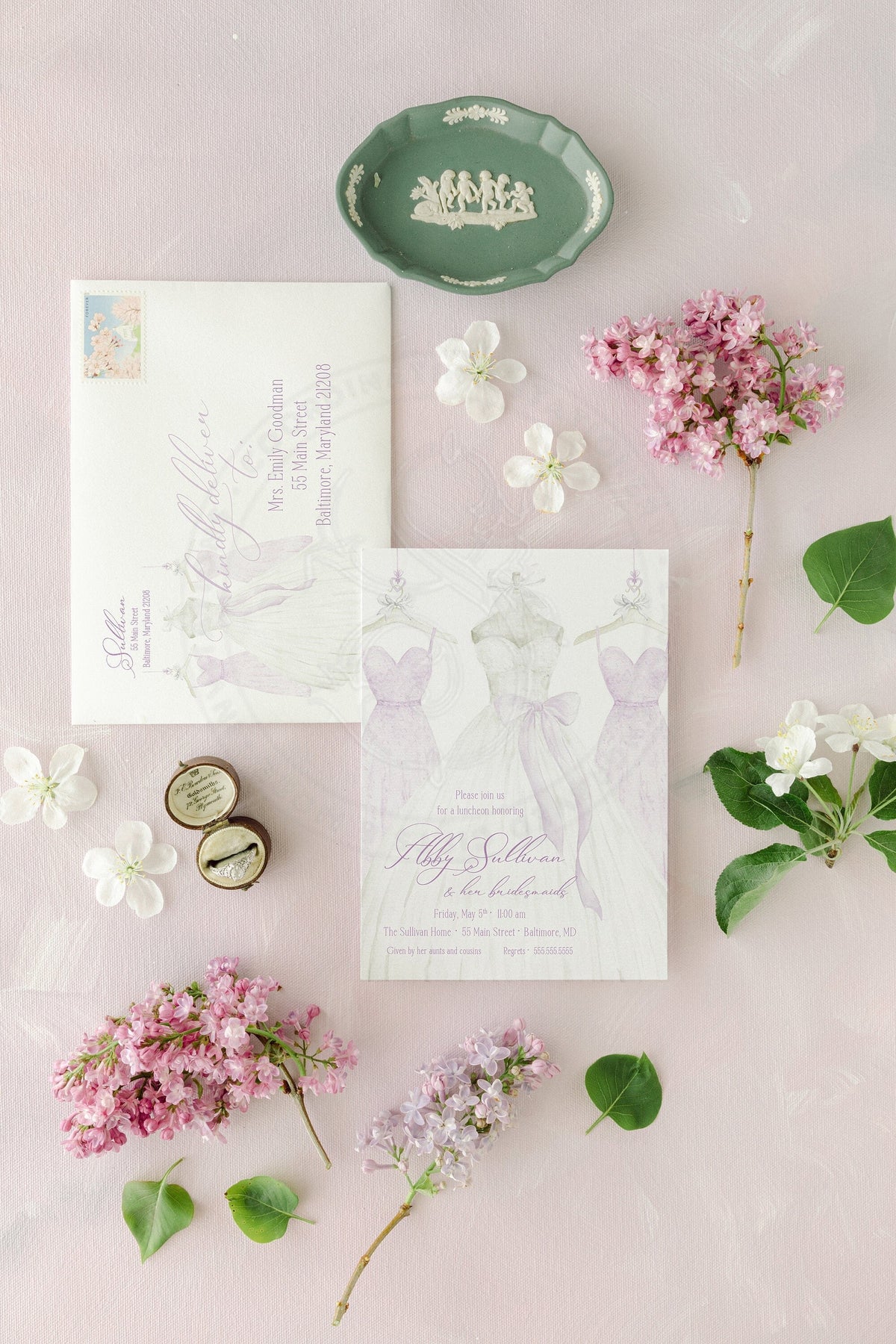 Purple watercolor gowns printed bridal brunch invitations