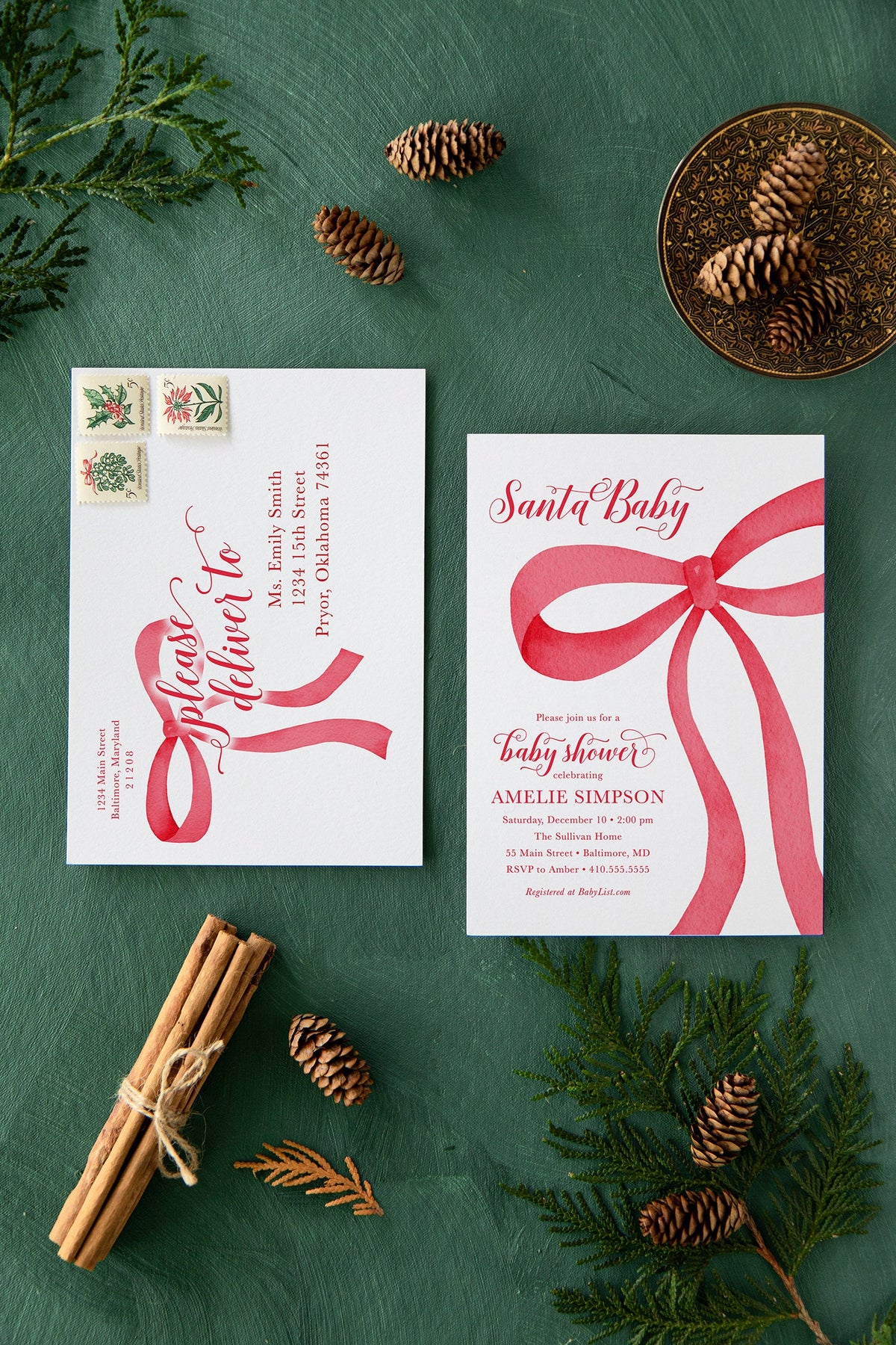 Red bow Santa Baby Christmas printed baby shower invitations
