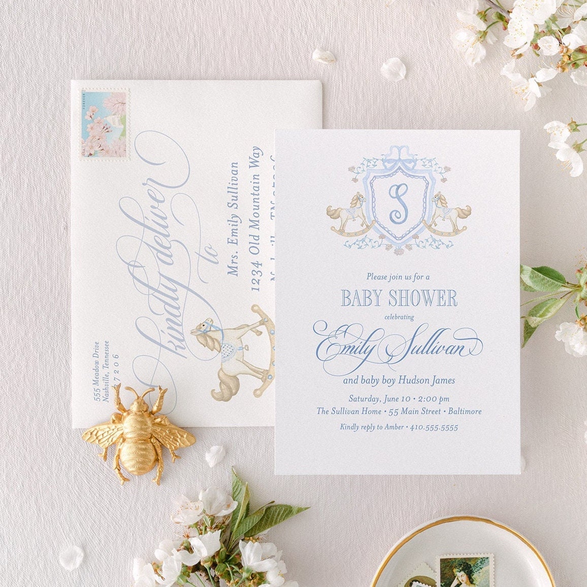 Rocking Horse Baby Shower Invitation: Classic Monogram Crest printed invitation