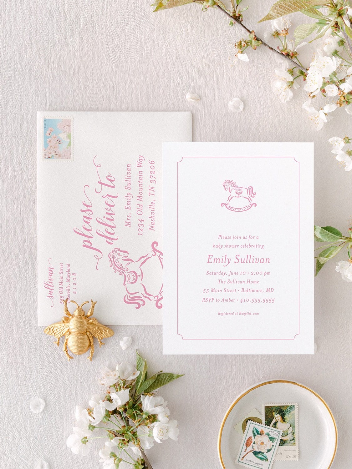 Rocking Horse Baby Shower Invitation: Classic Pink & White (Printed) printed invitation